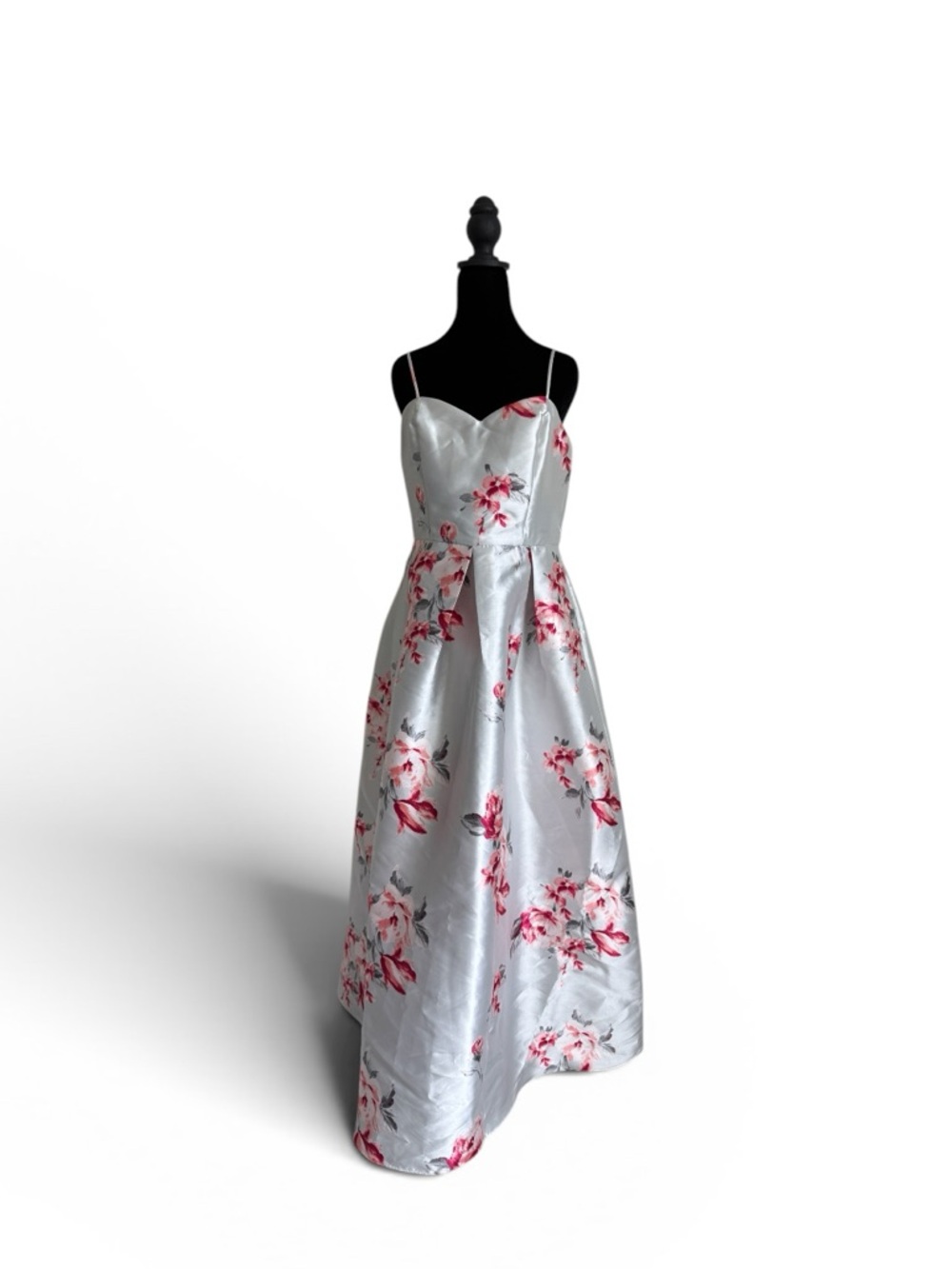 Floral Satin A-Line Prom Dress in Silver and Pink